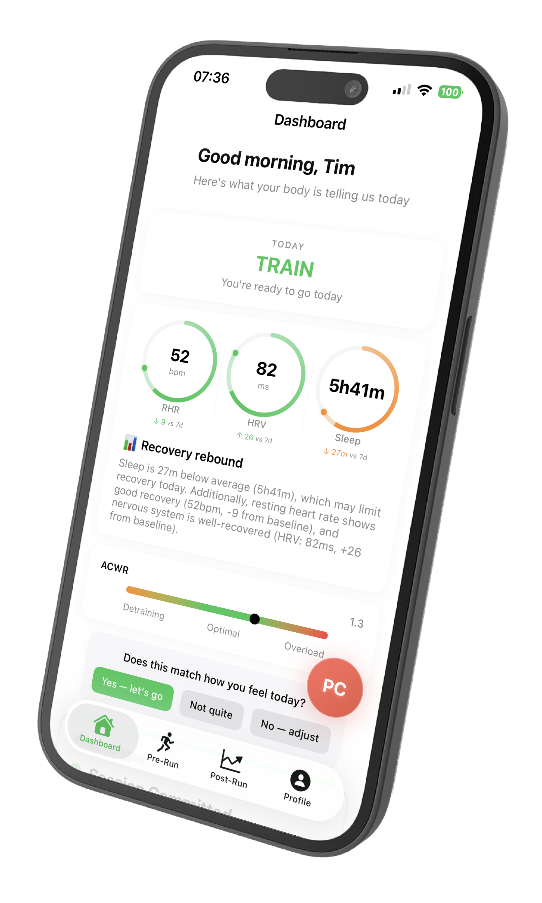 PulseCoach dashboard: today's decision